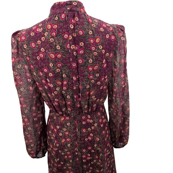 Saloni Floral High Neck Long Sleeve Maxi Dress US 6 Silk Burgundy - Picture 4 of 9